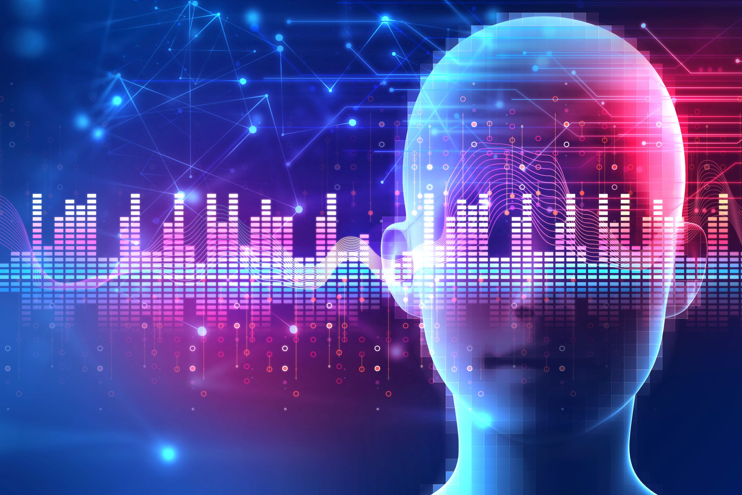 Digital waveforms on a screen alongside a 3D rendered face, representing AI-generated voice modulation.