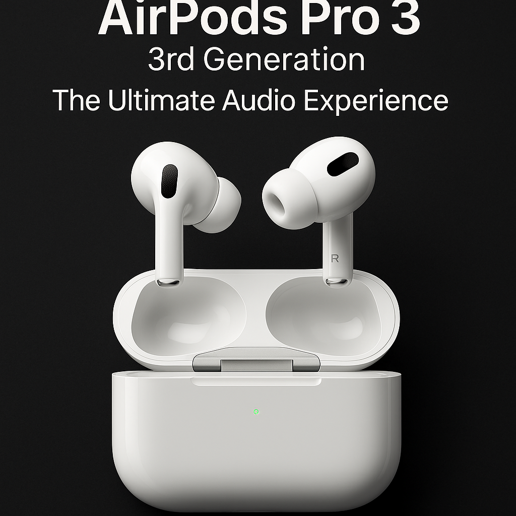 Apple AirPods Pro 3 showcased in charging case with text overlay “The Ultimate Audio Experience,” highlighting premium design and launch branding.