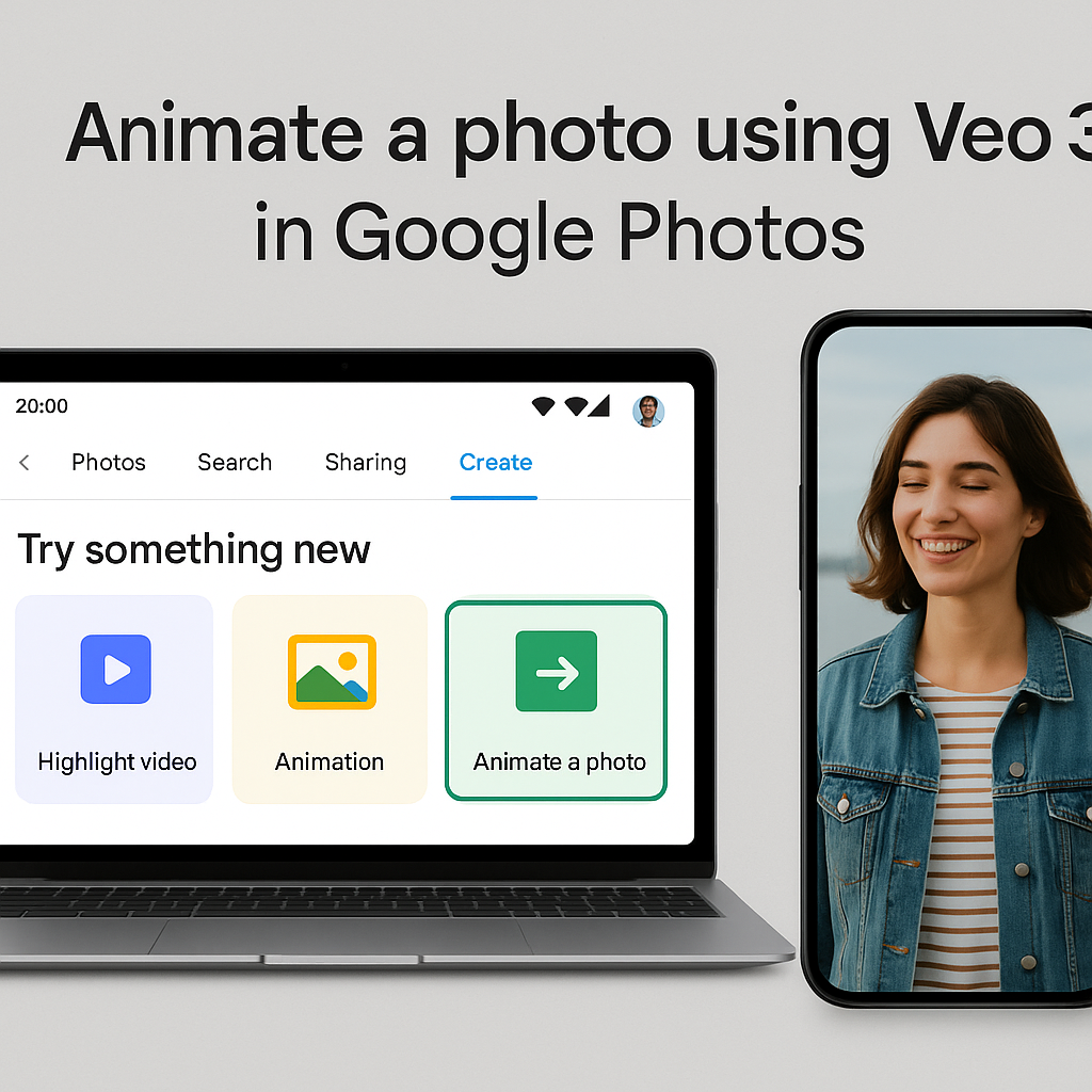 Google Photos Create tab displaying Veo 3 options like highlight video, animation, and animate a photo, alongside an animated portrait on smartphone.