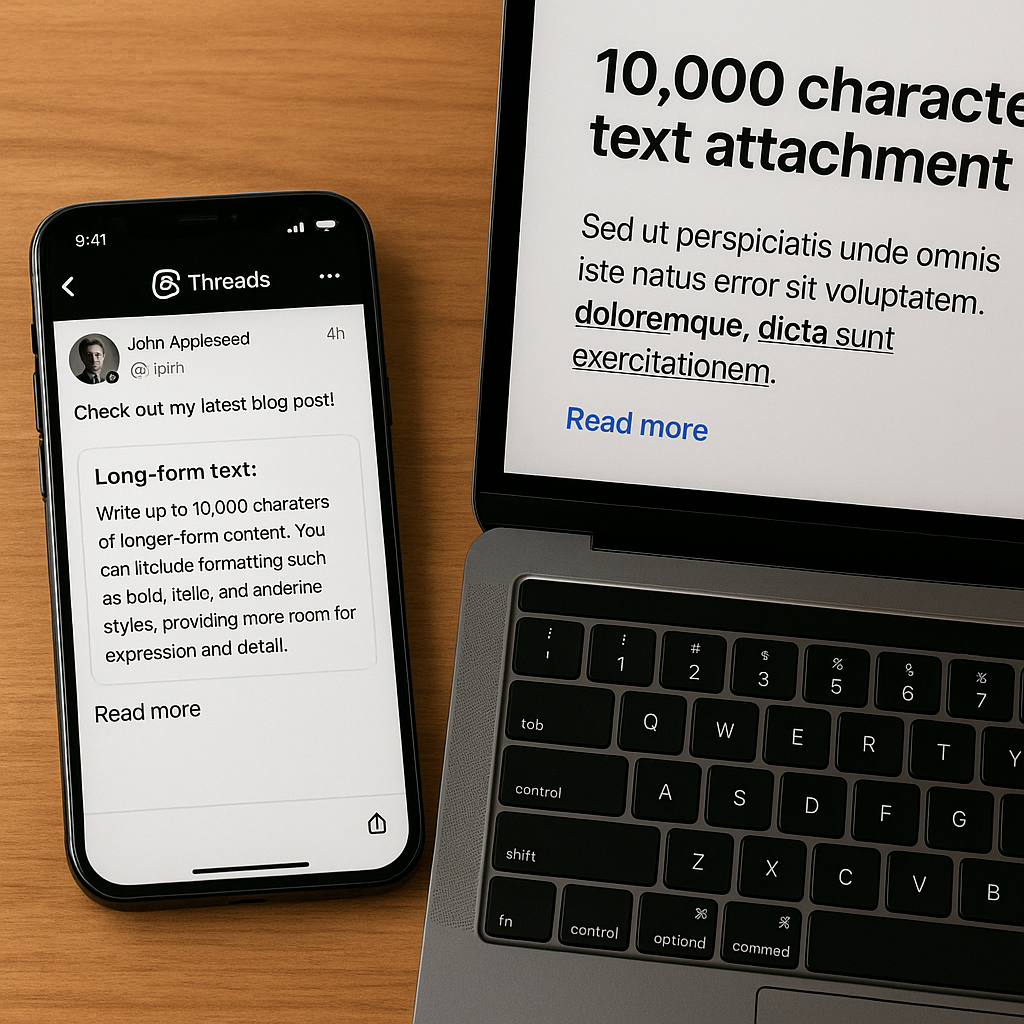 Smartphone and laptop showing Threads app with 10,000-character text attachment feature, highlighting Meta’s long-form post update.