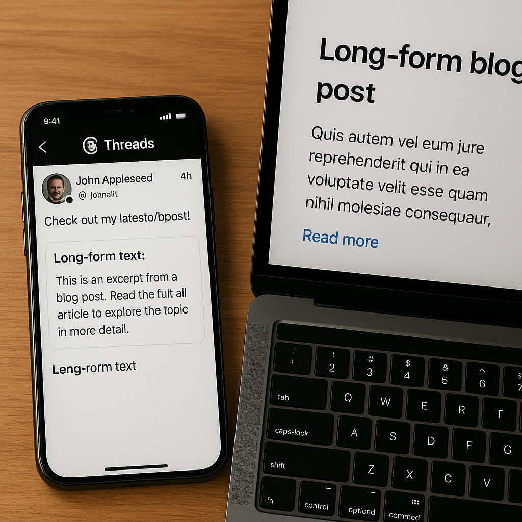 Threads app on smartphone and laptop displaying long-form text post with “Read more” button, illustrating Threads 10K character update.
