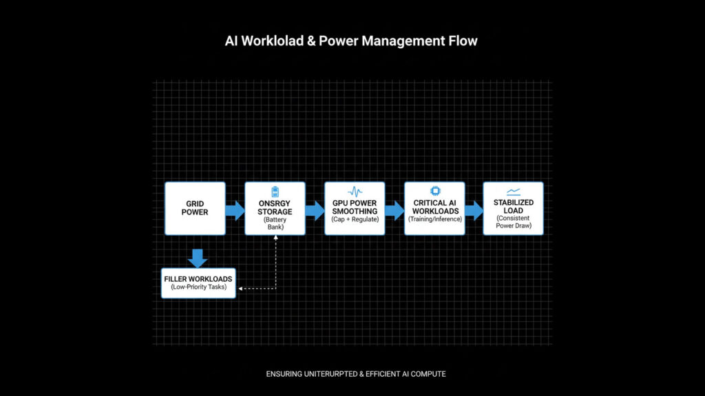 Diagram showing AI data center power smoothing with energy storage and software-controlled GPU load balancing.