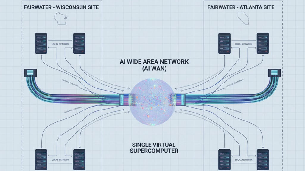 Diagram showing multiple Microsoft Fairwater AI data centers connected into a single virtual supercomputer via AI WAN.