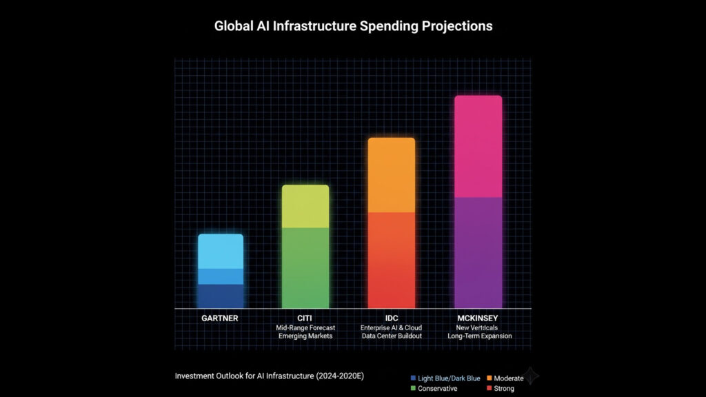 Infographic comparing global AI infrastructure spending projections from major research firms.