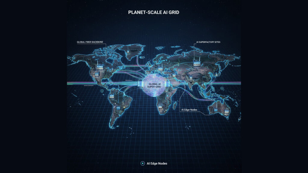 Concept rendering of a global AI grid connecting multiple superfactory data centers worldwide.