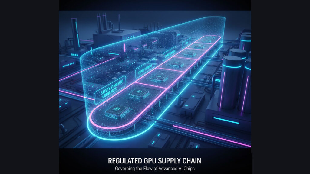 Futuristic illustration of regulated GPU supply chains representing compute governance in AI policy