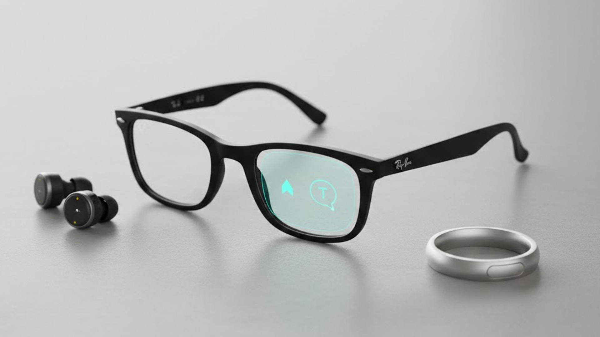 AI wearables in 2025 including smart glasses, AR overlays, and smart rings displayed together.