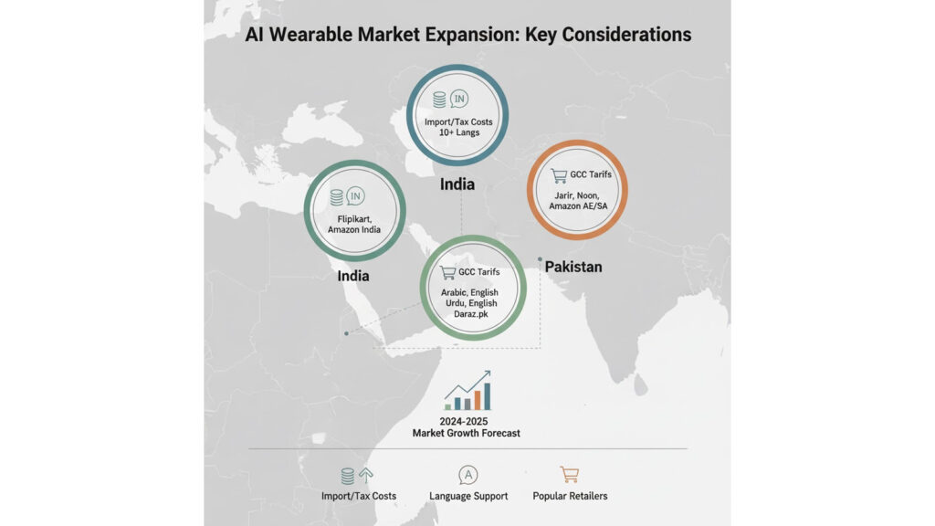 Regional map showing AI wearable adoption and accessibility in India, Pakistan, and the Middle East.