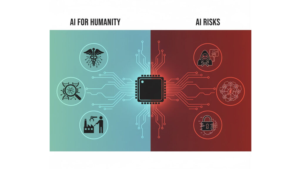 Split illustration showing beneficial and risky dual-use aspects of AI connected through GPU technology