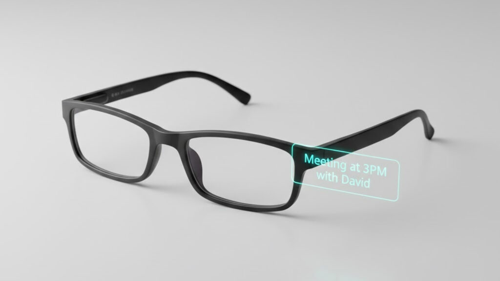 Camera-free smart glasses with monochrome micro-LED floating display concept.