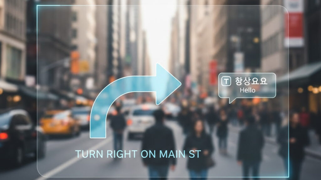 Concept image showing AR heads-up navigation and translation overlays in smart glasses.