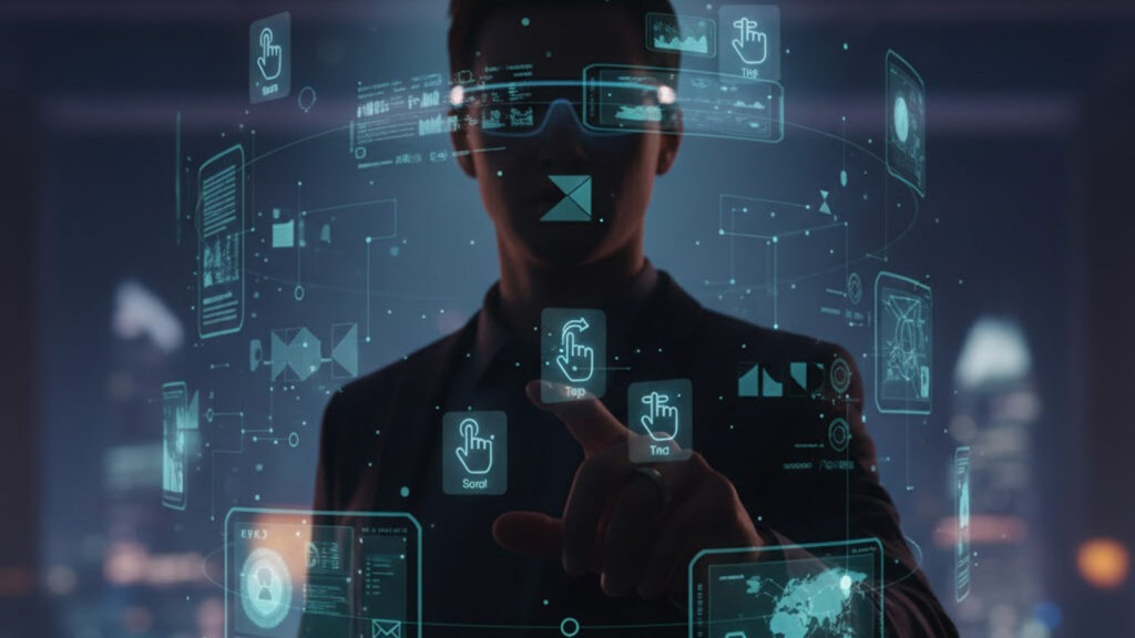 Concept of future AI wearables with person using smart glasses and smart ring in a digital interface.