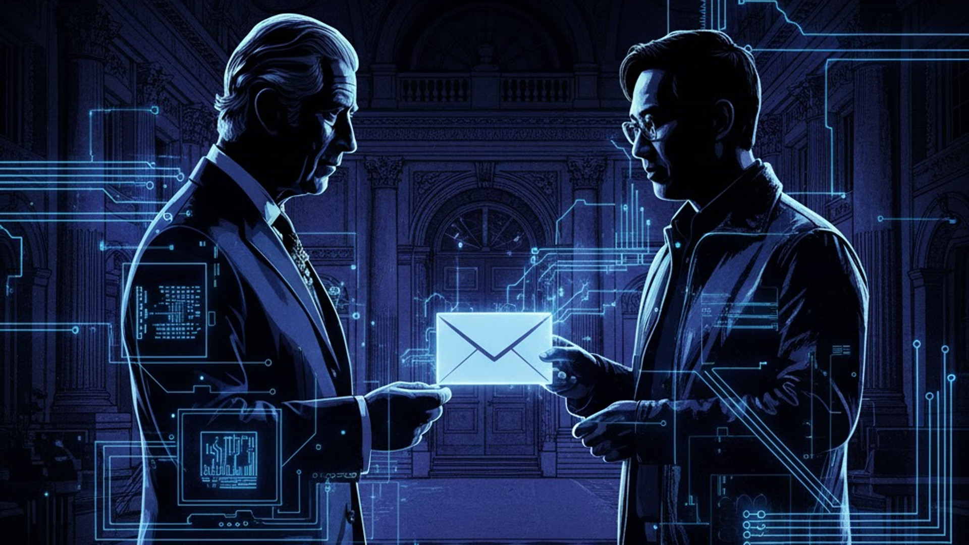 Illustration of King Charles handing a symbolic AI safety letter to Nvidia CEO Jensen Huang at St James’s Palace