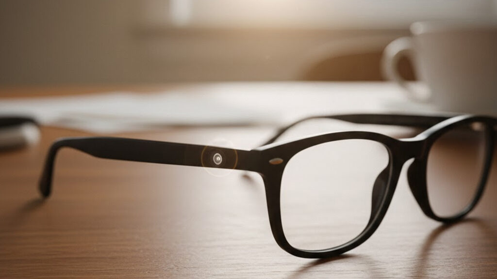 Smart glasses resembling Ray-Ban design showing discreet camera and modern frame style.