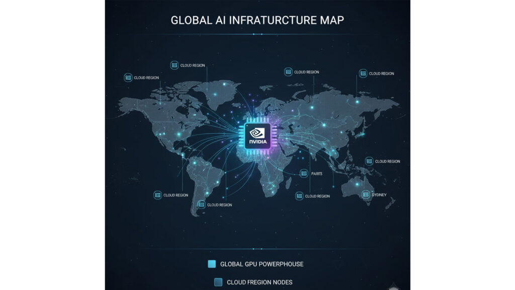 Global map visualization showing Nvidia GPUs powering worldwide AI infrastructure
